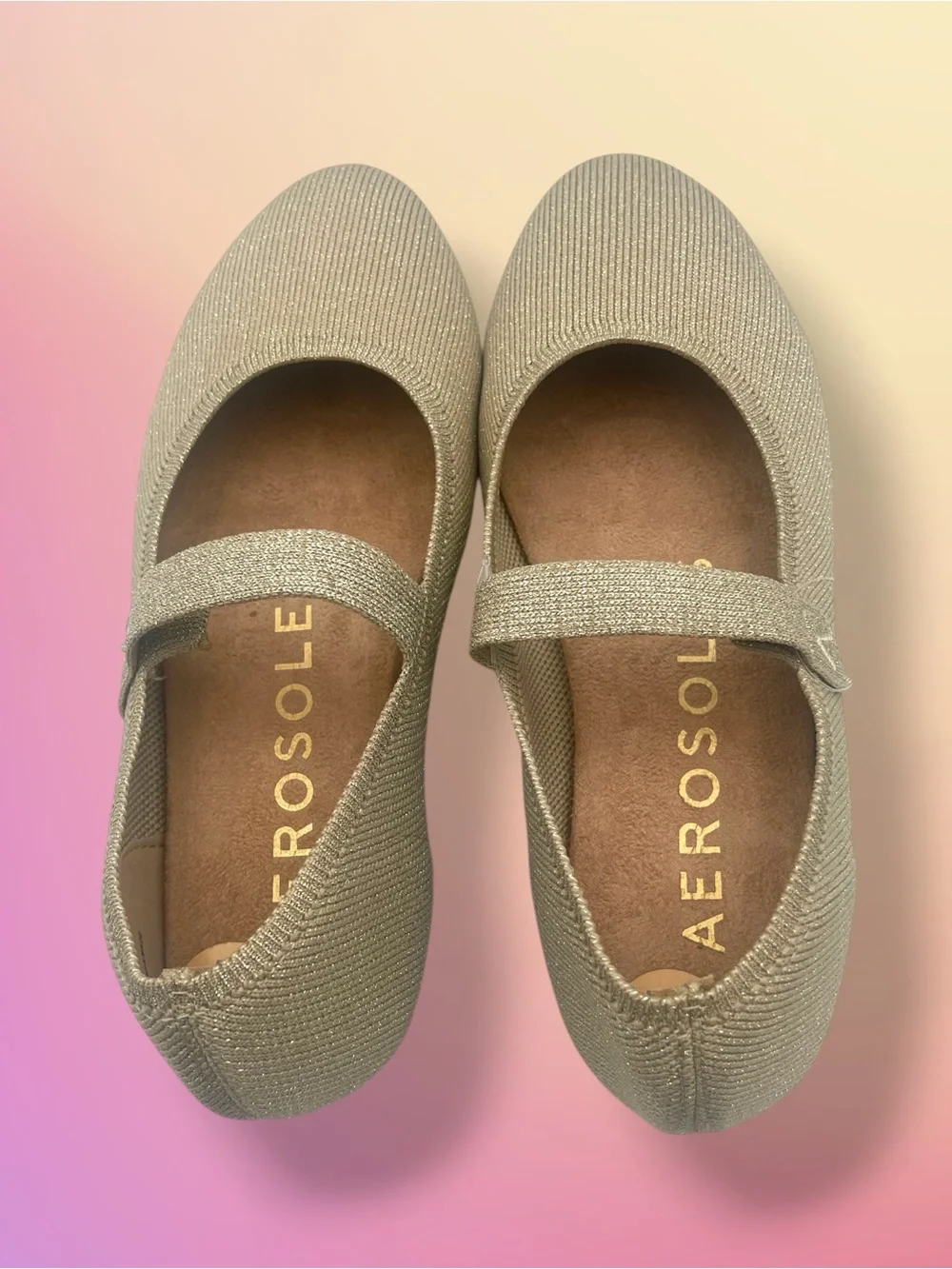 NWT AEROSOLES Shimmer Knit Mary Jane Flats in Light Gold Size 7 - Picture 7 of 13